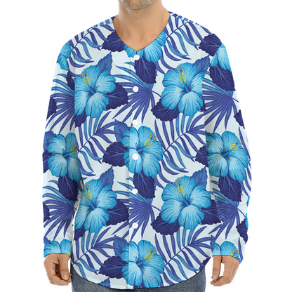Blue Hibiscus Tropical Pattern Print Long Sleeve Baseball Jersey