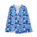 Blue Hibiscus Tropical Pattern Print Long Sleeve Short Coat