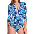 Blue Hibiscus Tropical Pattern Print Long Sleeve Swimsuit