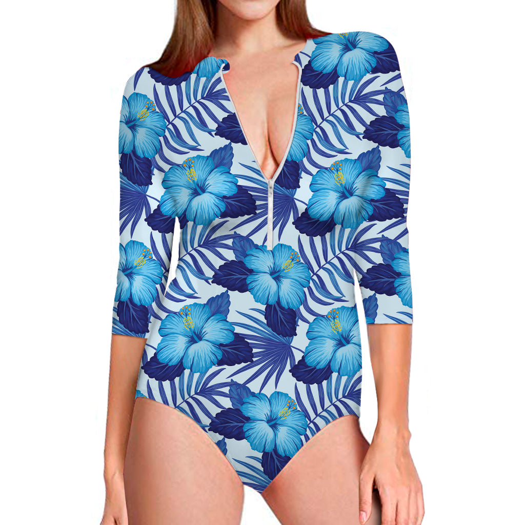 Blue Hibiscus Tropical Pattern Print Long Sleeve Swimsuit