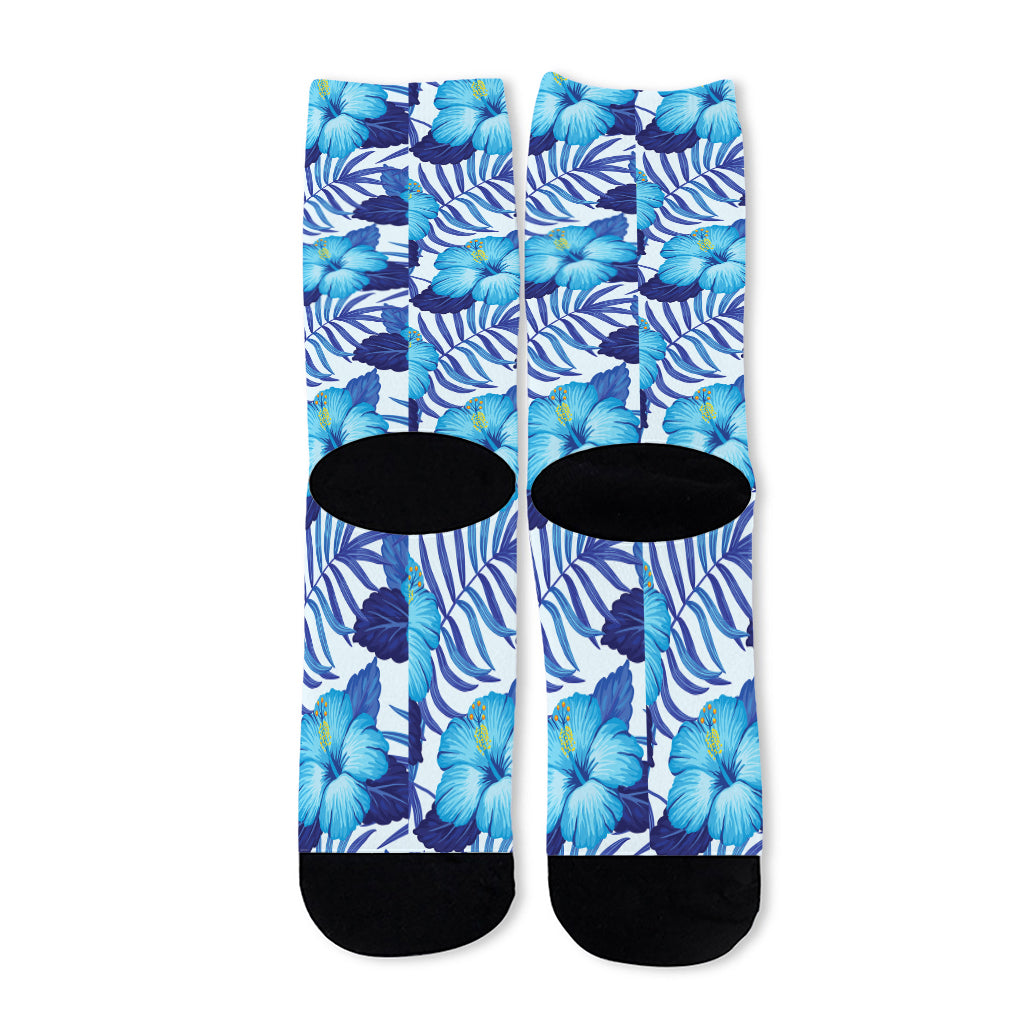 Blue Hibiscus Tropical Pattern Print Long Socks