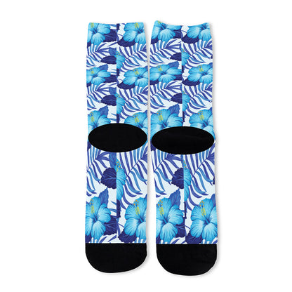 Blue Hibiscus Tropical Pattern Print Long Socks