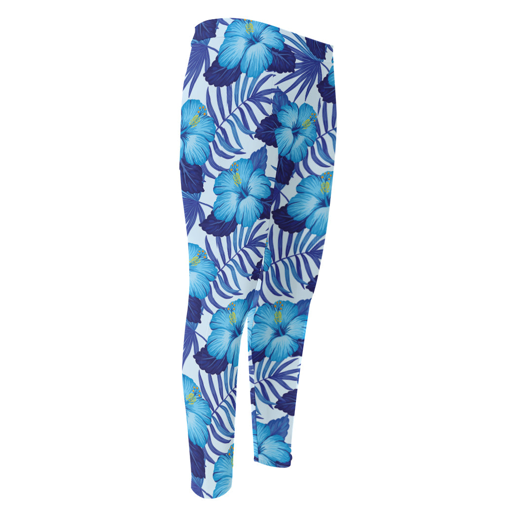 Blue Hibiscus Tropical Pattern Print Men's Compression Pants