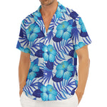 Blue Hibiscus Tropical Pattern Print Men's Deep V-Neck Shirt