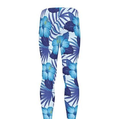 Blue Hibiscus Tropical Pattern Print Men's leggings