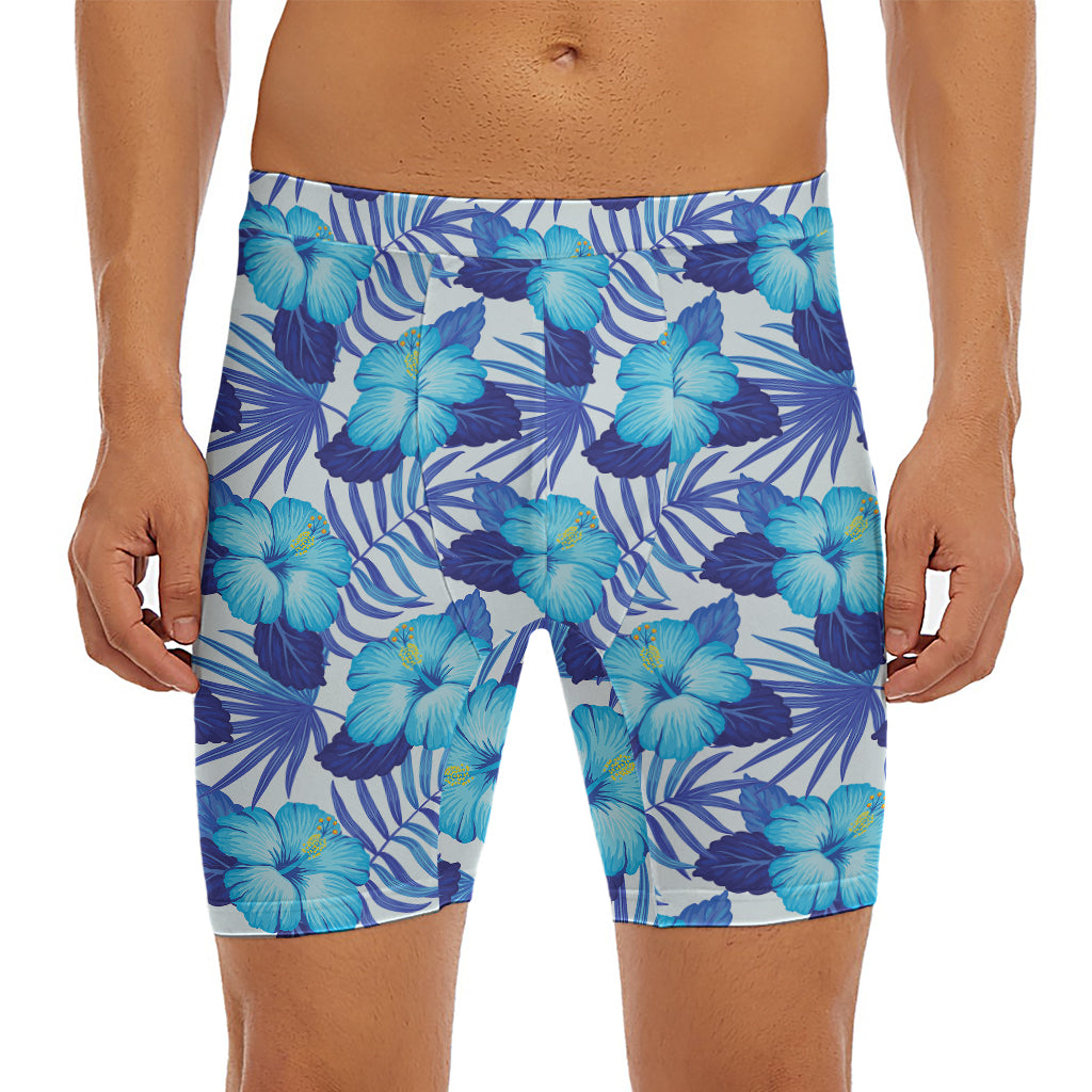 Blue Hibiscus Tropical Pattern Print Men's Long Boxer Briefs