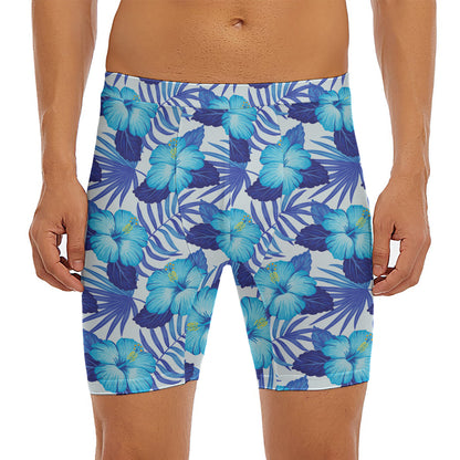 Blue Hibiscus Tropical Pattern Print Men's Long Boxer Briefs