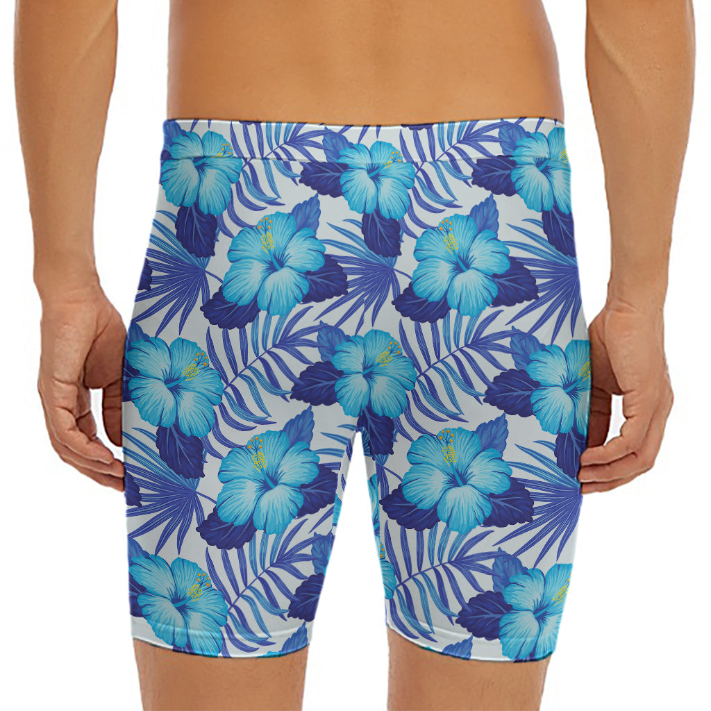 Blue Hibiscus Tropical Pattern Print Men's Long Boxer Briefs