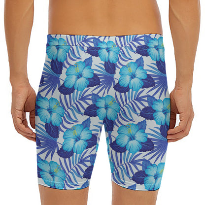 Blue Hibiscus Tropical Pattern Print Men's Long Boxer Briefs