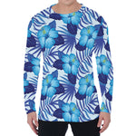 Blue Hibiscus Tropical Pattern Print Men's Long Sleeve T-Shirt