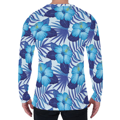 Blue Hibiscus Tropical Pattern Print Men's Long Sleeve T-Shirt