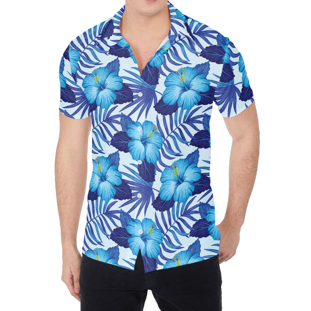 Blue Hibiscus Tropical Pattern Print Men's Shirt