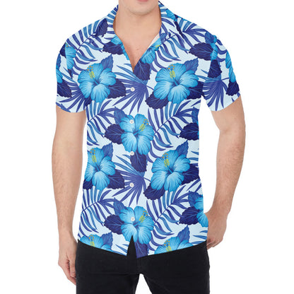 Blue Hibiscus Tropical Pattern Print Men's Shirt