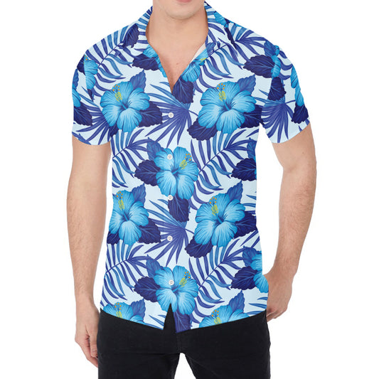 Blue Hibiscus Tropical Pattern Print Men's Shirt