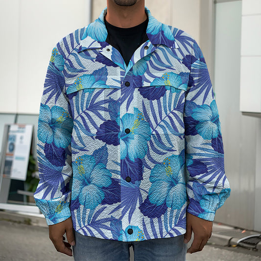 Blue Hibiscus Tropical Pattern Print Men's Shirt Jacket