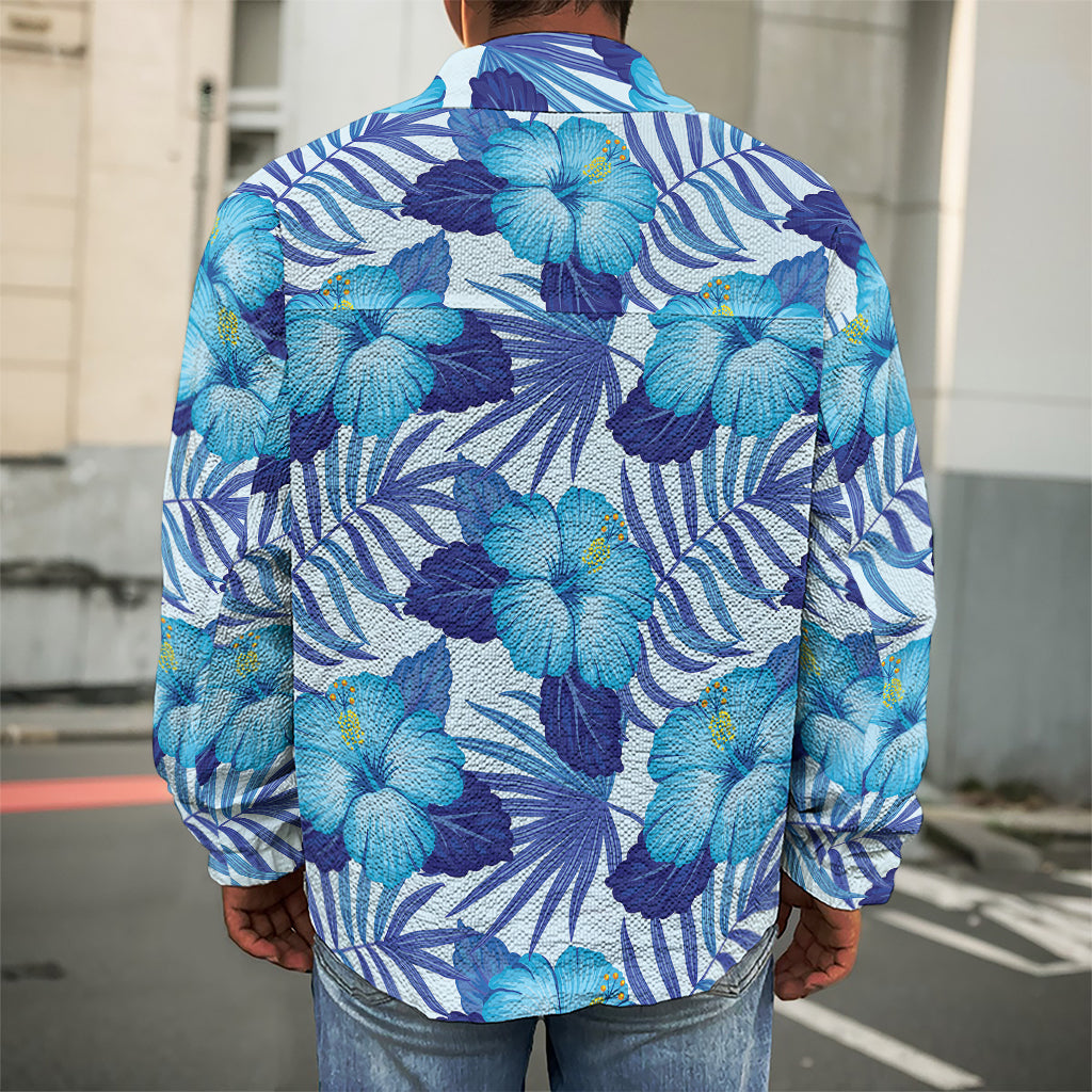 Blue Hibiscus Tropical Pattern Print Men's Shirt Jacket