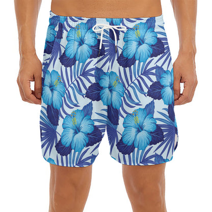 Blue Hibiscus Tropical Pattern Print Men's Split Running Shorts