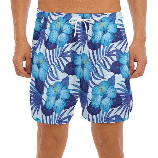 Blue Hibiscus Tropical Pattern Print Men's Split Running Shorts