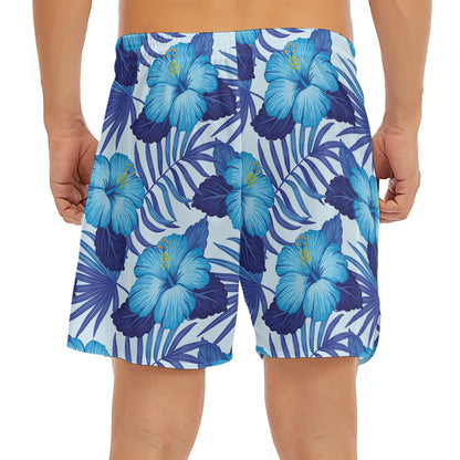 Blue Hibiscus Tropical Pattern Print Men's Split Running Shorts