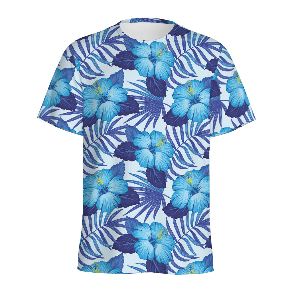 Blue Hibiscus Tropical Pattern Print Men's Sports T-Shirt