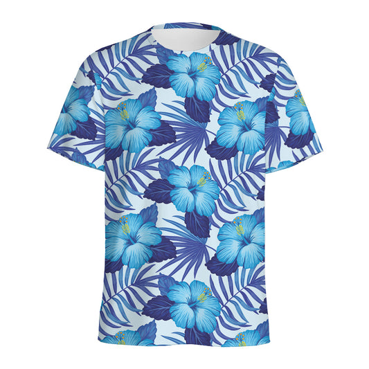 Blue Hibiscus Tropical Pattern Print Men's Sports T-Shirt