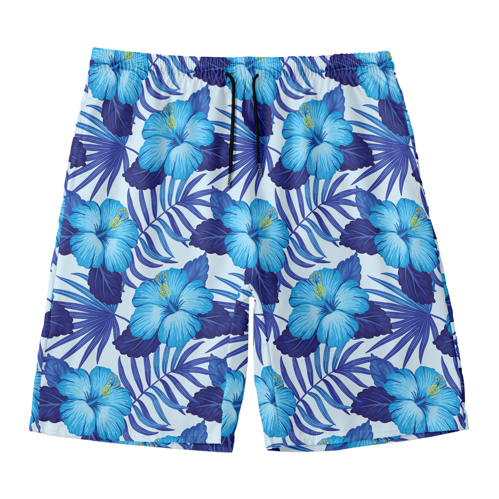 Blue Hibiscus Tropical Pattern Print Men's Swim Trunks