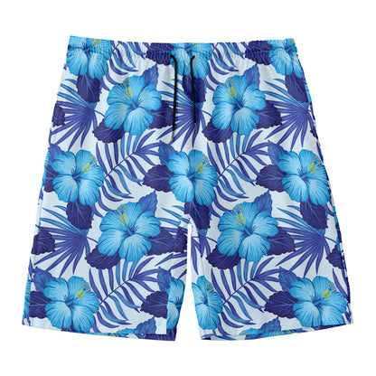Blue Hibiscus Tropical Pattern Print Men's Swim Trunks