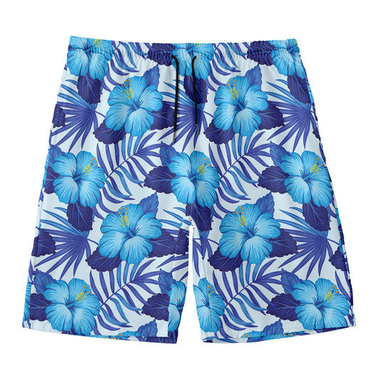 Blue Hibiscus Tropical Pattern Print Men's Swim Trunks