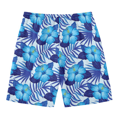 Blue Hibiscus Tropical Pattern Print Men's Swim Trunks