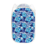 Blue Hibiscus Tropical Pattern Print Mesh Laundry Hamper
