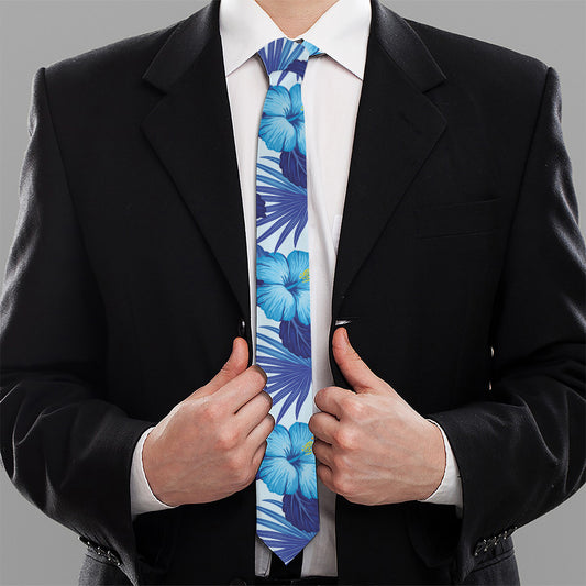 Blue Hibiscus Tropical Pattern Print Necktie