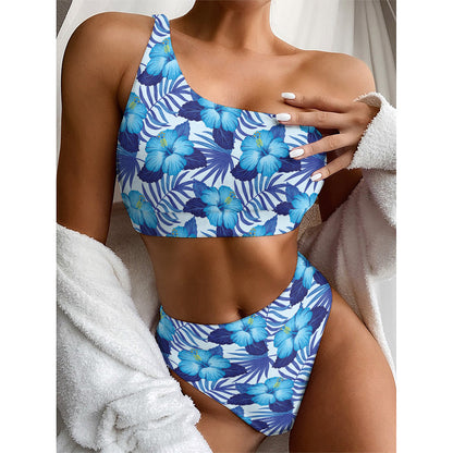 Blue Hibiscus Tropical Pattern Print One Shoulder Bikini Top