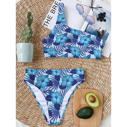 Blue Hibiscus Tropical Pattern Print One Shoulder Bikini Top