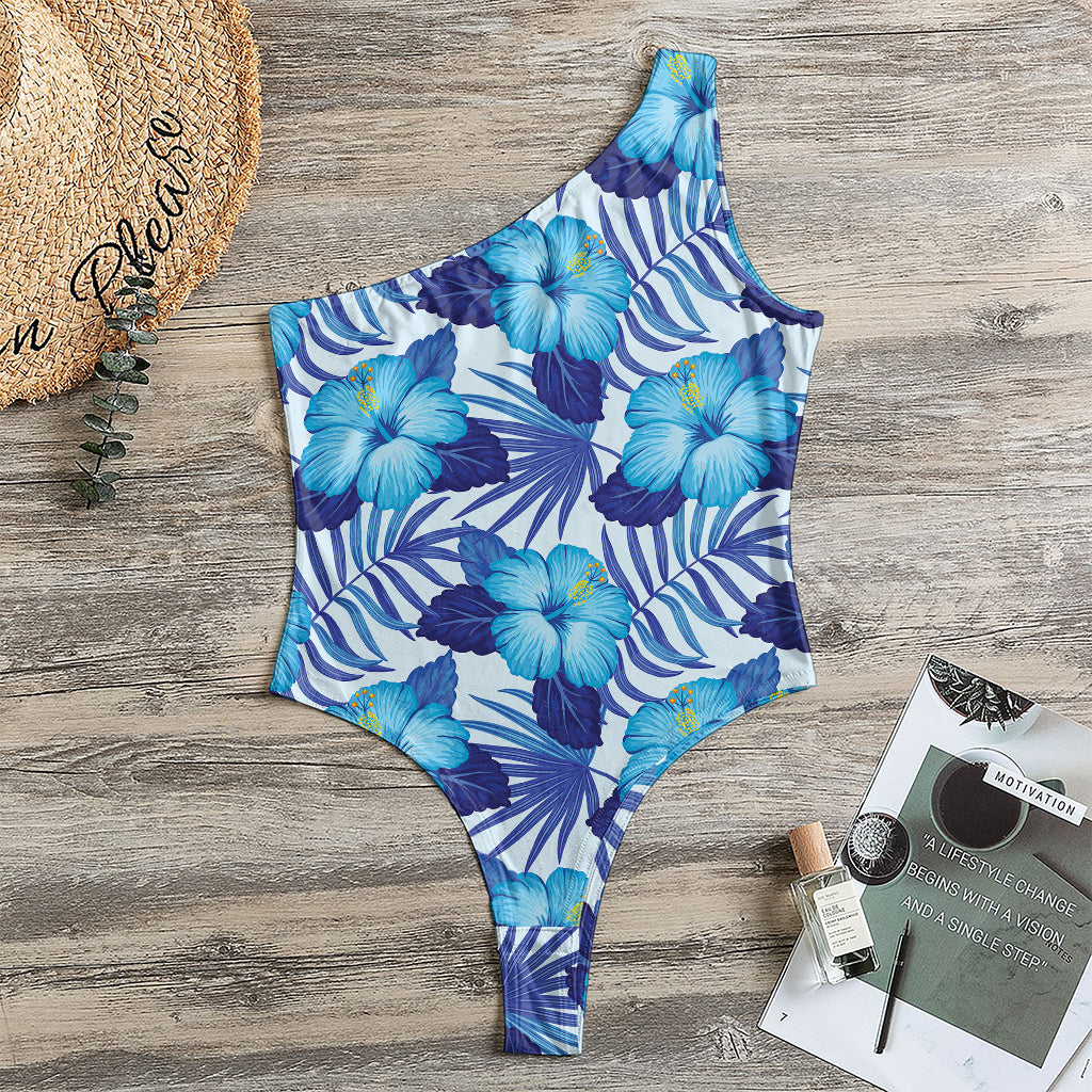 Blue Hibiscus Tropical Pattern Print One Shoulder Bodysuit