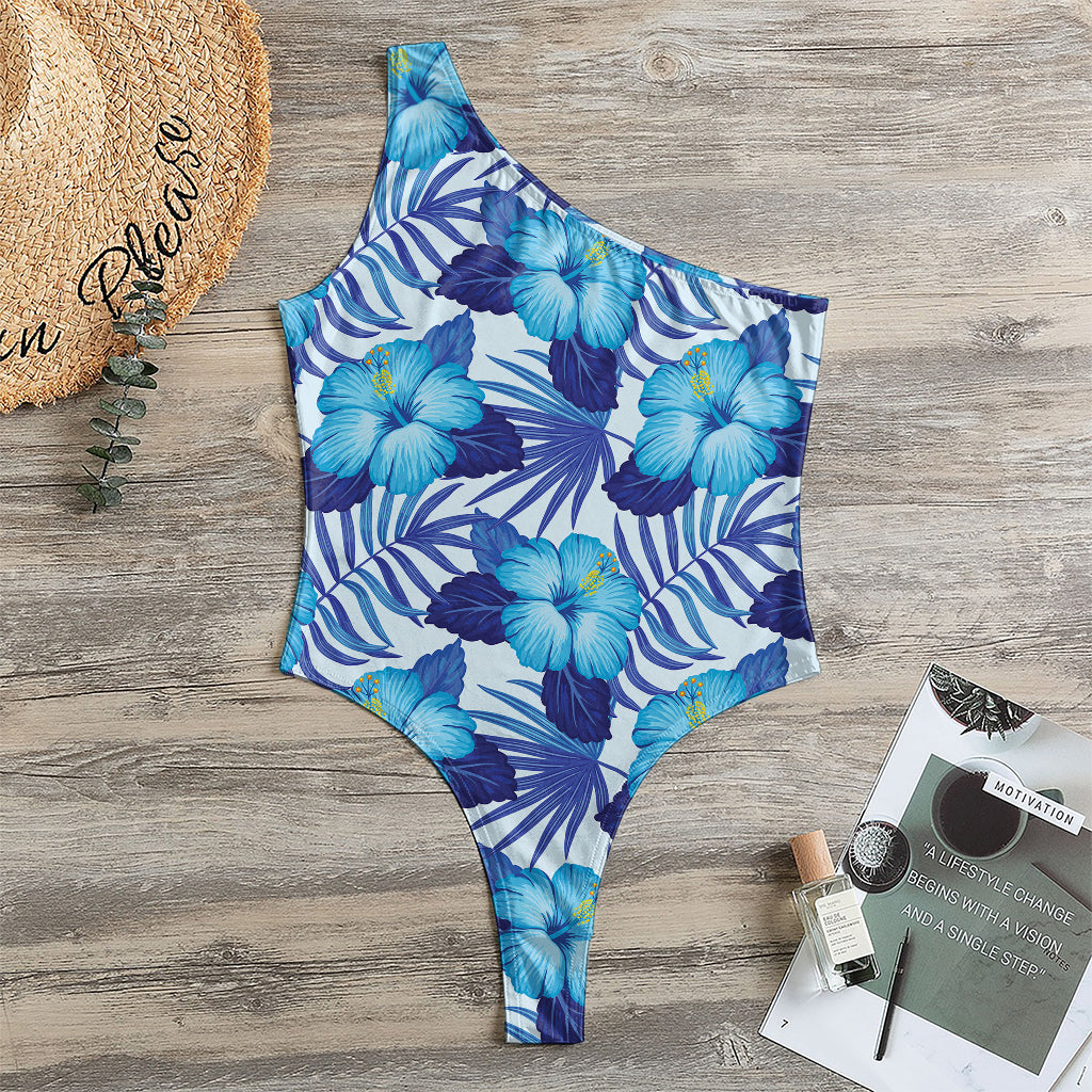 Blue Hibiscus Tropical Pattern Print One Shoulder Bodysuit