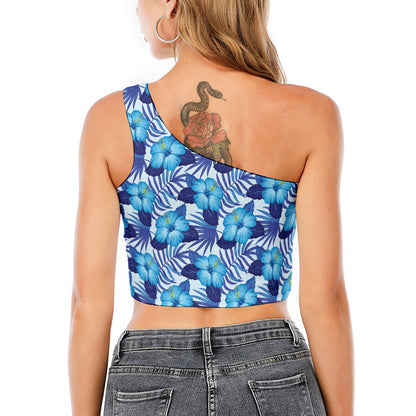 Blue Hibiscus Tropical Pattern Print One Shoulder Crop Top