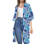 Blue Hibiscus Tropical Pattern Print Open Front Beach Cover Up