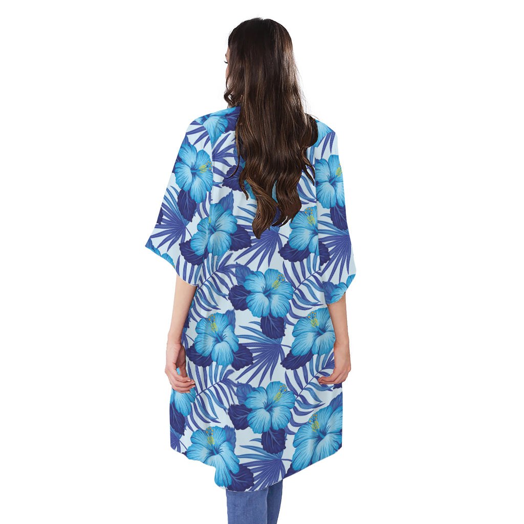 Blue Hibiscus Tropical Pattern Print Open Front Beach Cover Up