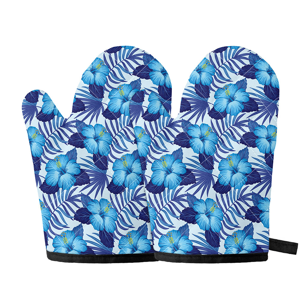 Blue Hibiscus Tropical Pattern Print Oven Mitts