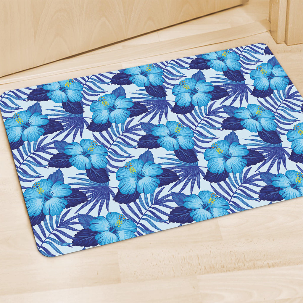 Blue Hibiscus Tropical Pattern Print Polyester Doormat