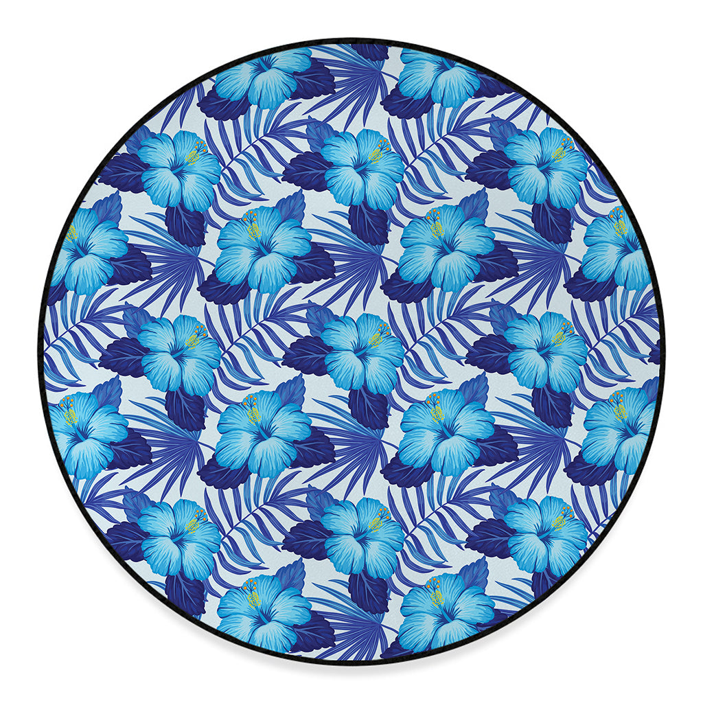 Blue Hibiscus Tropical Pattern Print Round Floor Mat