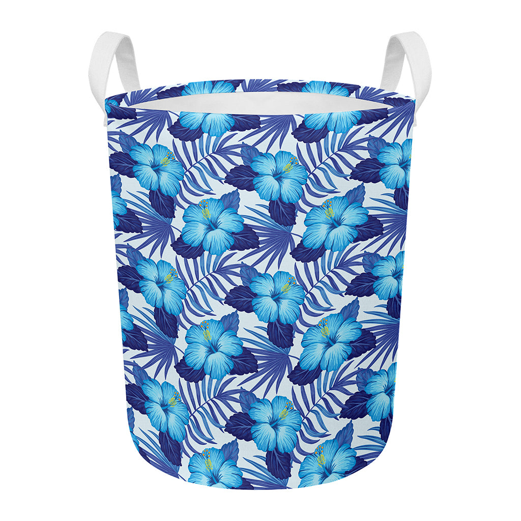 Blue Hibiscus Tropical Pattern Print Round Laundry Basket