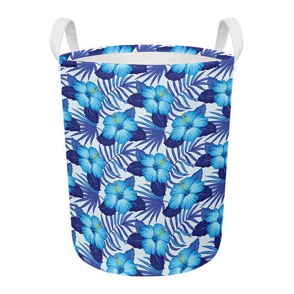 Blue Hibiscus Tropical Pattern Print Round Laundry Basket