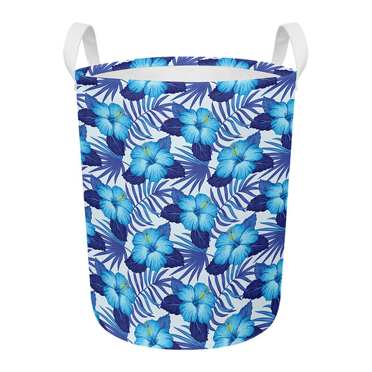 Blue Hibiscus Tropical Pattern Print Round Laundry Basket