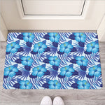 Blue Hibiscus Tropical Pattern Print Rubber Doormat