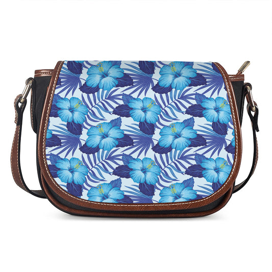 Blue Hibiscus Tropical Pattern Print Saddle Bag