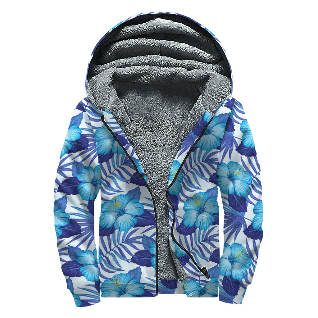 Blue Hibiscus Tropical Pattern Print Sherpa Lined Zip Up Hoodie
