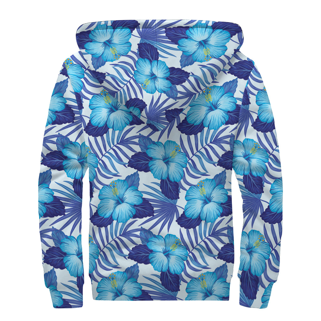 Blue Hibiscus Tropical Pattern Print Sherpa Lined Zip Up Hoodie
