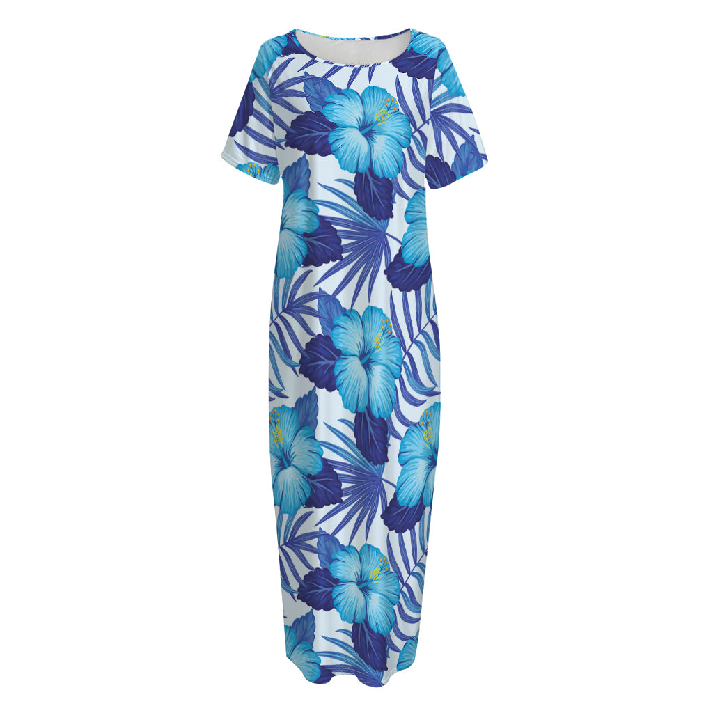 Blue Hibiscus Tropical Pattern Print Short Sleeve Long Nightdress