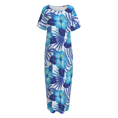 Blue Hibiscus Tropical Pattern Print Short Sleeve Long Nightdress